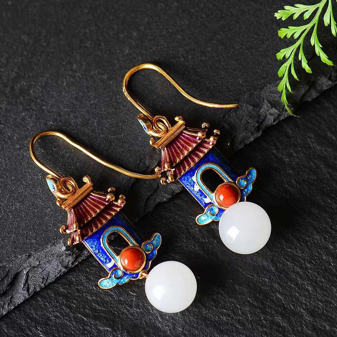 925 Silver Inlaid 10mm White Jade Enamel Earrings - jewelry - weilin.com