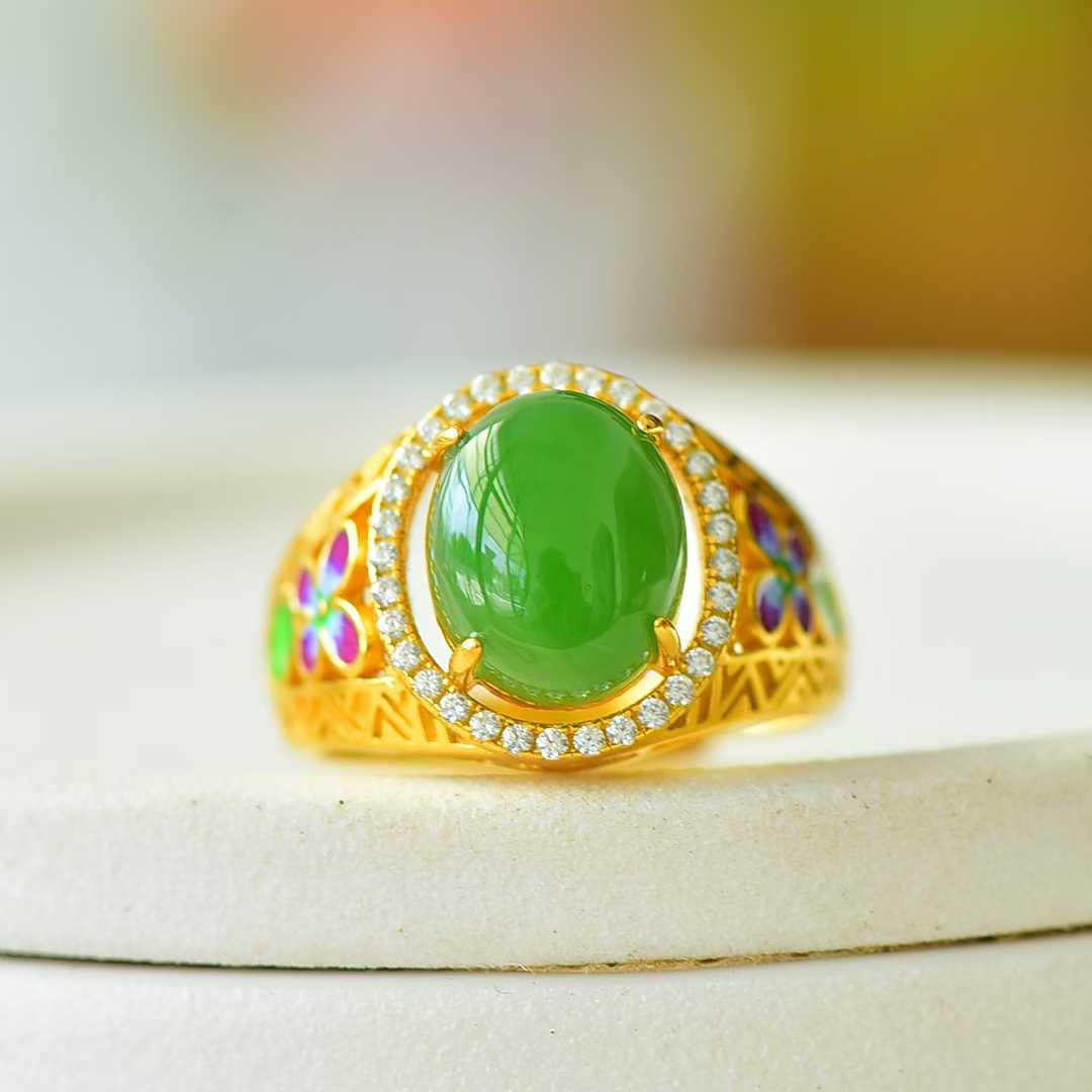 925 Silver Inlaid Blue Enamel, Hetian Spinach Green Nephrite Cabochon & Zircon Ring - jewelry - weilin.com