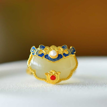 925 Silver Inlaid Blue Enamel & White Hetian Nephrite "Peace & Prosperity" Ring - jewelry - weilin.com