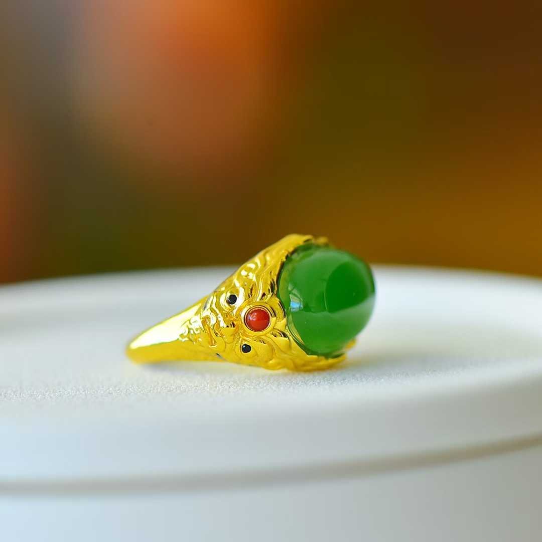 925 Silver Inlaid Enamel and Hetian Green Nephrite "Peace and Longevity" Ring - jewelry - weilin.com
