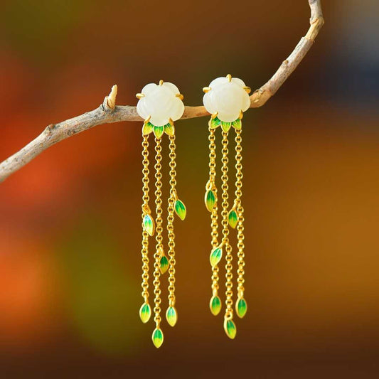 925 Silver Inlaid Enamel & Hetian Nephrite "Rose Tassel" Earrings - jewelry - weilin.com