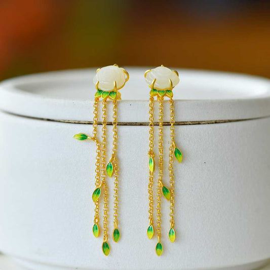 925 Silver Inlaid Enamel & Hetian Nephrite "Rose Tassel" Earrings - jewelry - weilin.com
