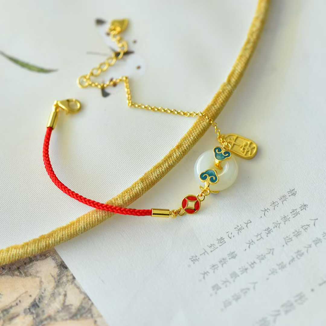 925 Silver Inlaid Enamel & Hetian Nephrite "Safe & Sound" Bracelet - jewelry - weilin.com