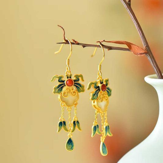 925 Silver Inlaid Green Hetian Nephrite "Maple Tree Shade" Enamel Dangle Earrings - jewelry - weilin.com