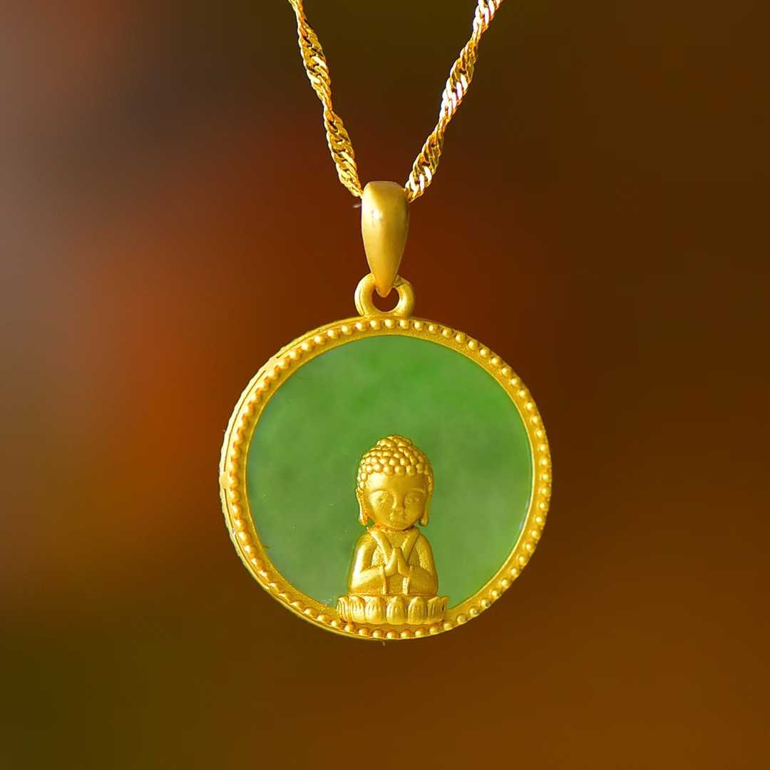 925 Silver - Inlaid Green Jadeite Baby Buddha Pendant - jewelry - weilin.com