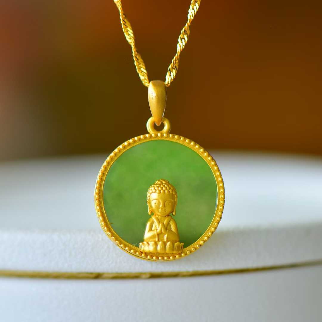 925 Silver - Inlaid Green Jadeite Baby Buddha Pendant - jewelry - weilin.com