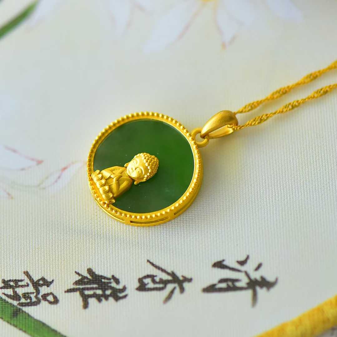 925 Silver - Inlaid Green Jadeite Baby Buddha Pendant - jewelry - weilin.com