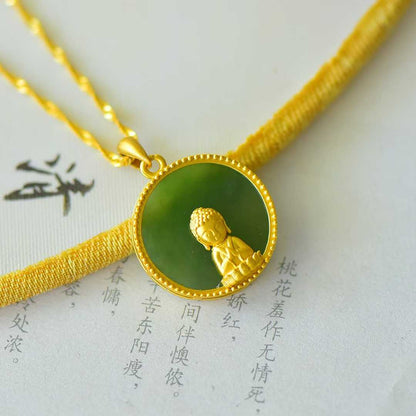 925 Silver - Inlaid Green Jadeite Baby Buddha Pendant - jewelry - weilin.com