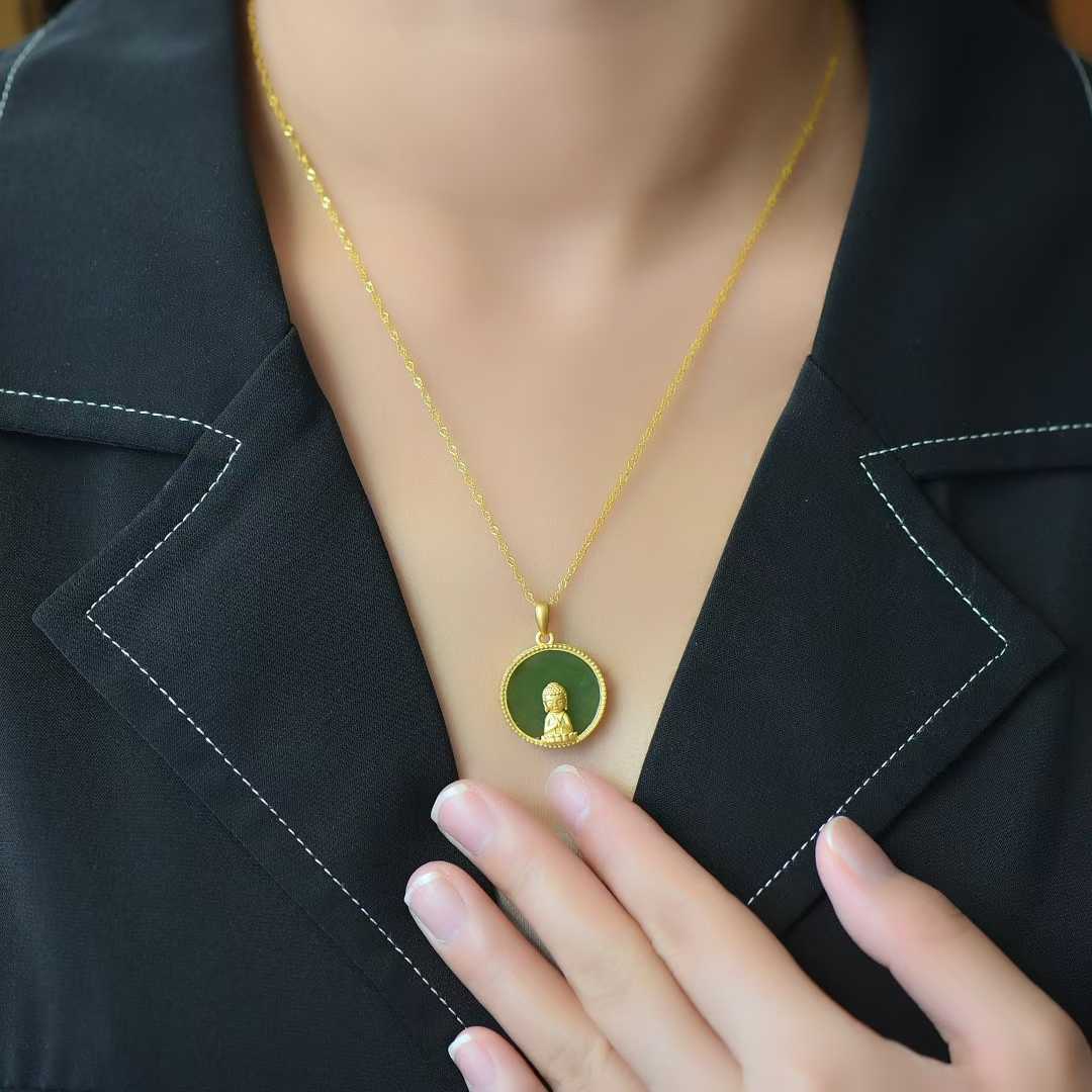 925 Silver - Inlaid Green Jadeite Baby Buddha Pendant - jewelry - weilin.com