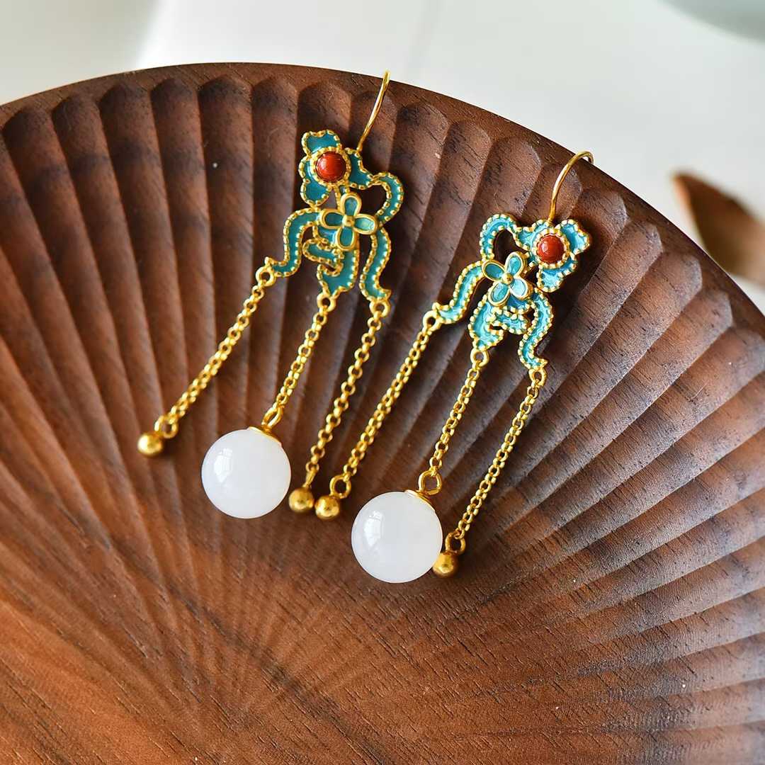 925 Silver Inlaid Half - Drilled Enamel Bead Earrings - jewelry - weilin.com