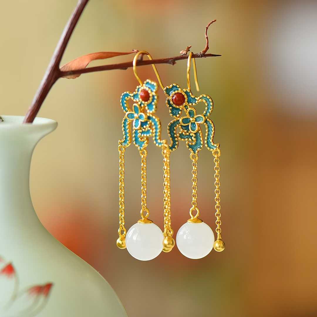 925 Silver Inlaid Half - Drilled Enamel Bead Earrings - jewelry - weilin.com