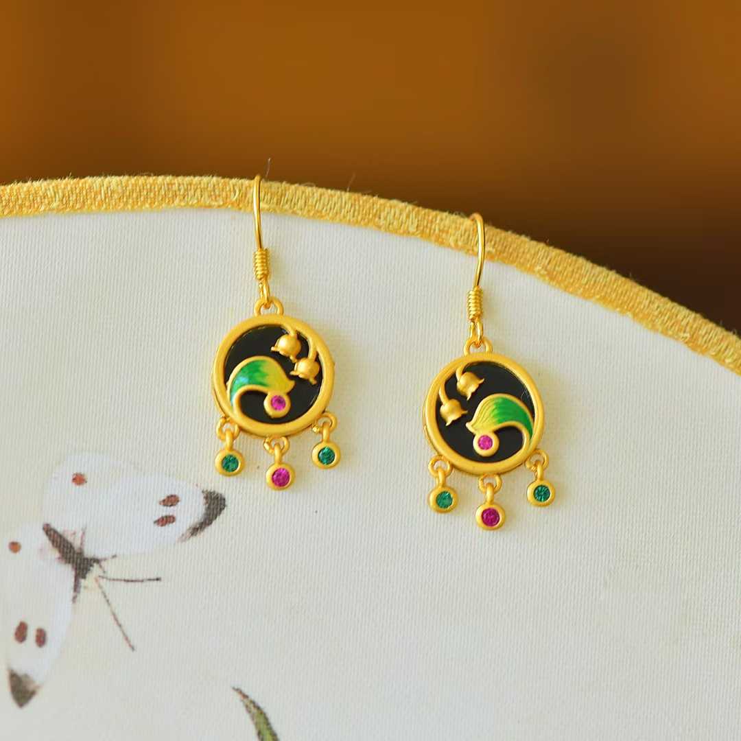 925 Silver Inlaid Hetian Black Nephrite "Lily of the Valley in Bloom" Earrings - jewelry - weilin.com