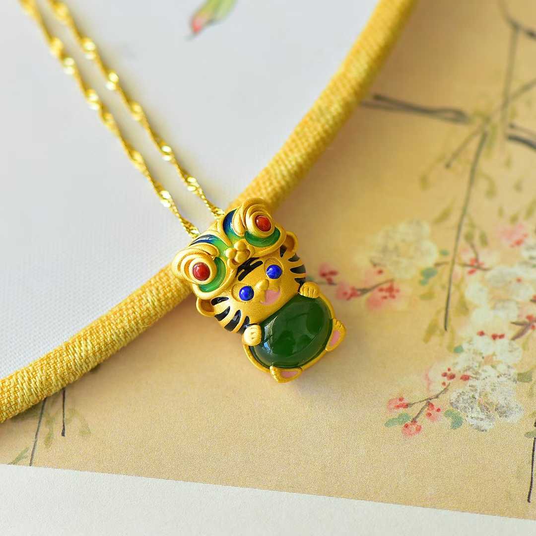 925 Silver - Inlaid Hetian Green Jade Cabochon Pendant with "Auspicious Tiger Exuding Power" Design & Enamel Accents - jewelry - weilin.com