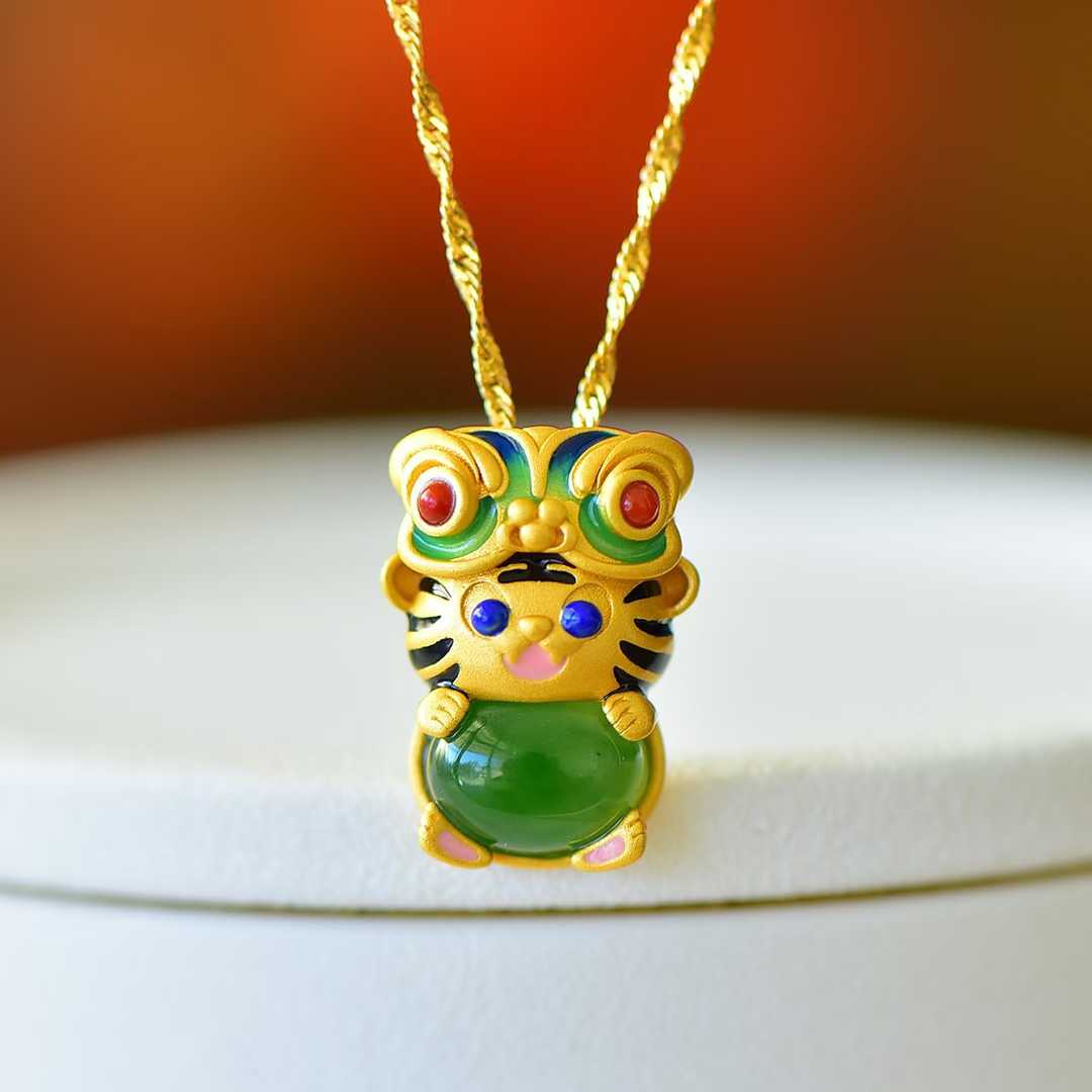 925 Silver - Inlaid Hetian Green Jade Cabochon Pendant with "Auspicious Tiger Exuding Power" Design & Enamel Accents - jewelry - weilin.com