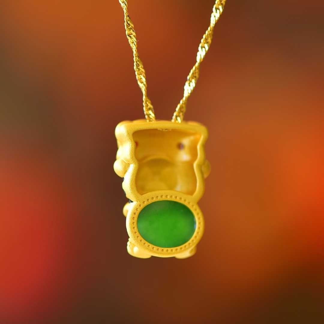 925 Silver - Inlaid Hetian Green Jade Cabochon Pendant with "Auspicious Tiger Exuding Power" Design & Enamel Accents - jewelry - weilin.com