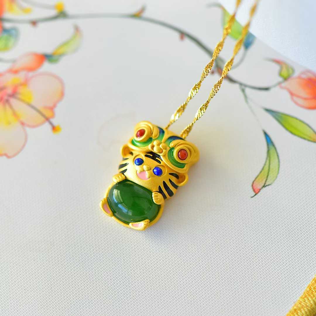 925 Silver - Inlaid Hetian Green Jade Cabochon Pendant with "Auspicious Tiger Exuding Power" Design & Enamel Accents - jewelry - weilin.com