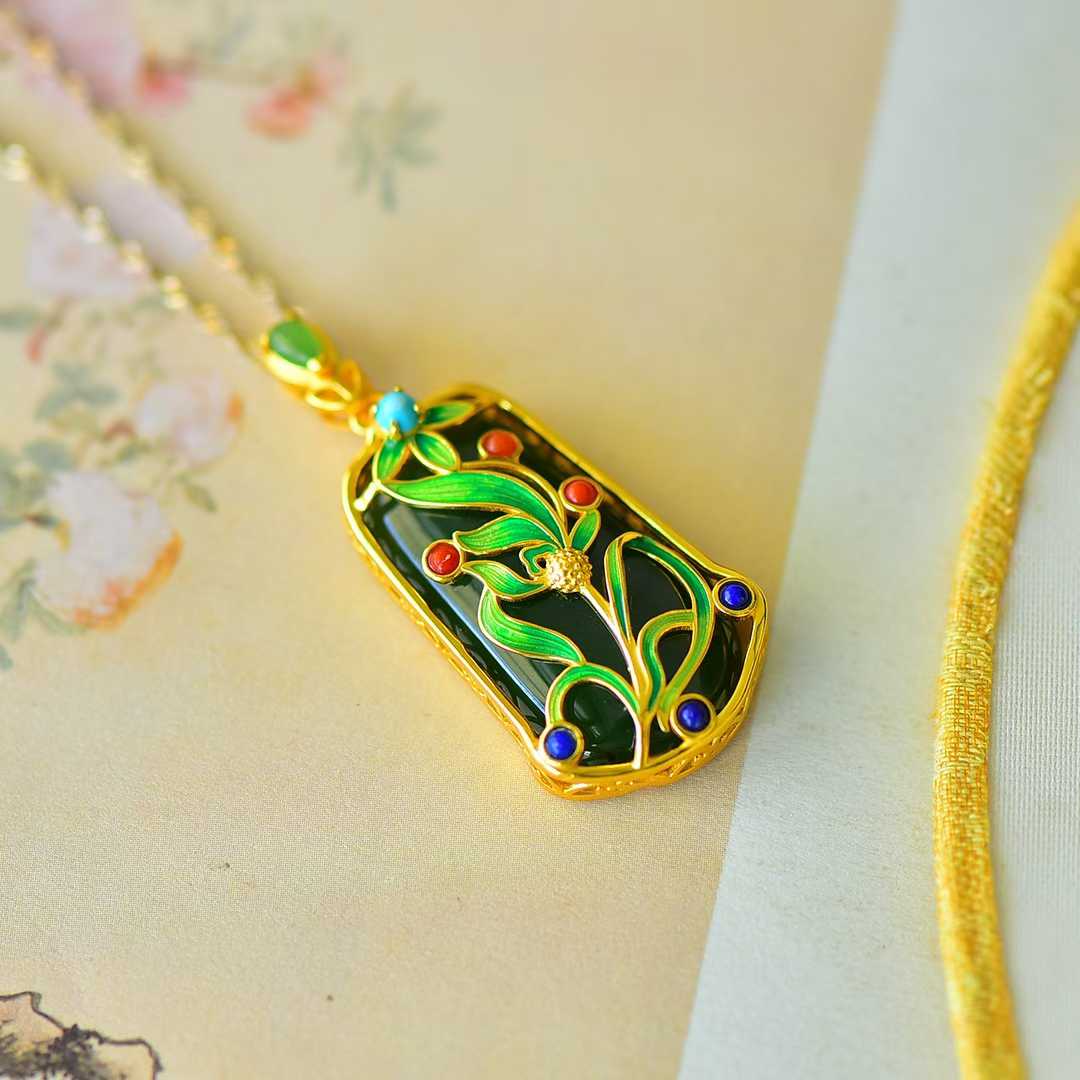 925 Silver - Inlaid Hetian Green Jade Pendant (Trapezoidal Peace Plaque, Magnolia & Flower - Grass Design) - jewelry - weilin.com