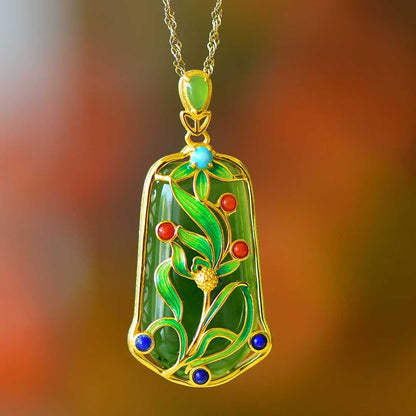 925 Silver - Inlaid Hetian Green Jade Pendant (Trapezoidal Peace Plaque, Magnolia & Flower - Grass Design) - jewelry - weilin.com