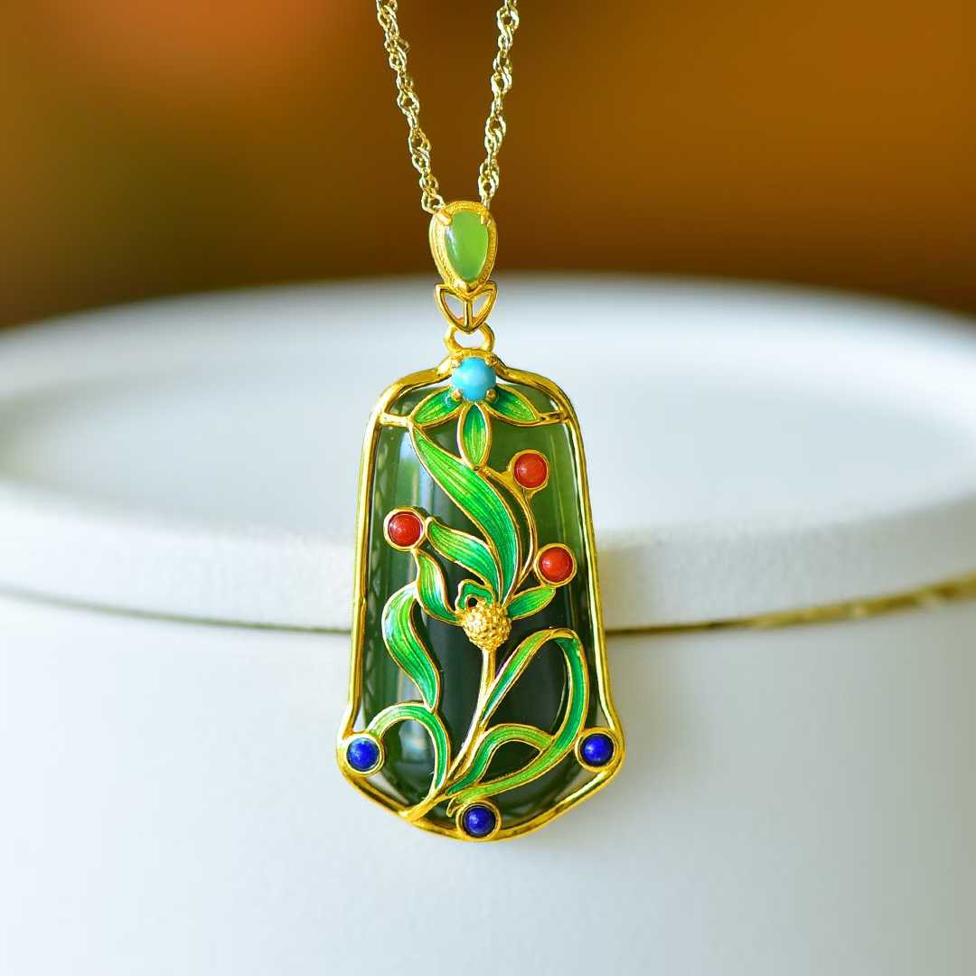 925 Silver - Inlaid Hetian Green Jade Pendant (Trapezoidal Peace Plaque, Magnolia & Flower - Grass Design) - jewelry - weilin.com