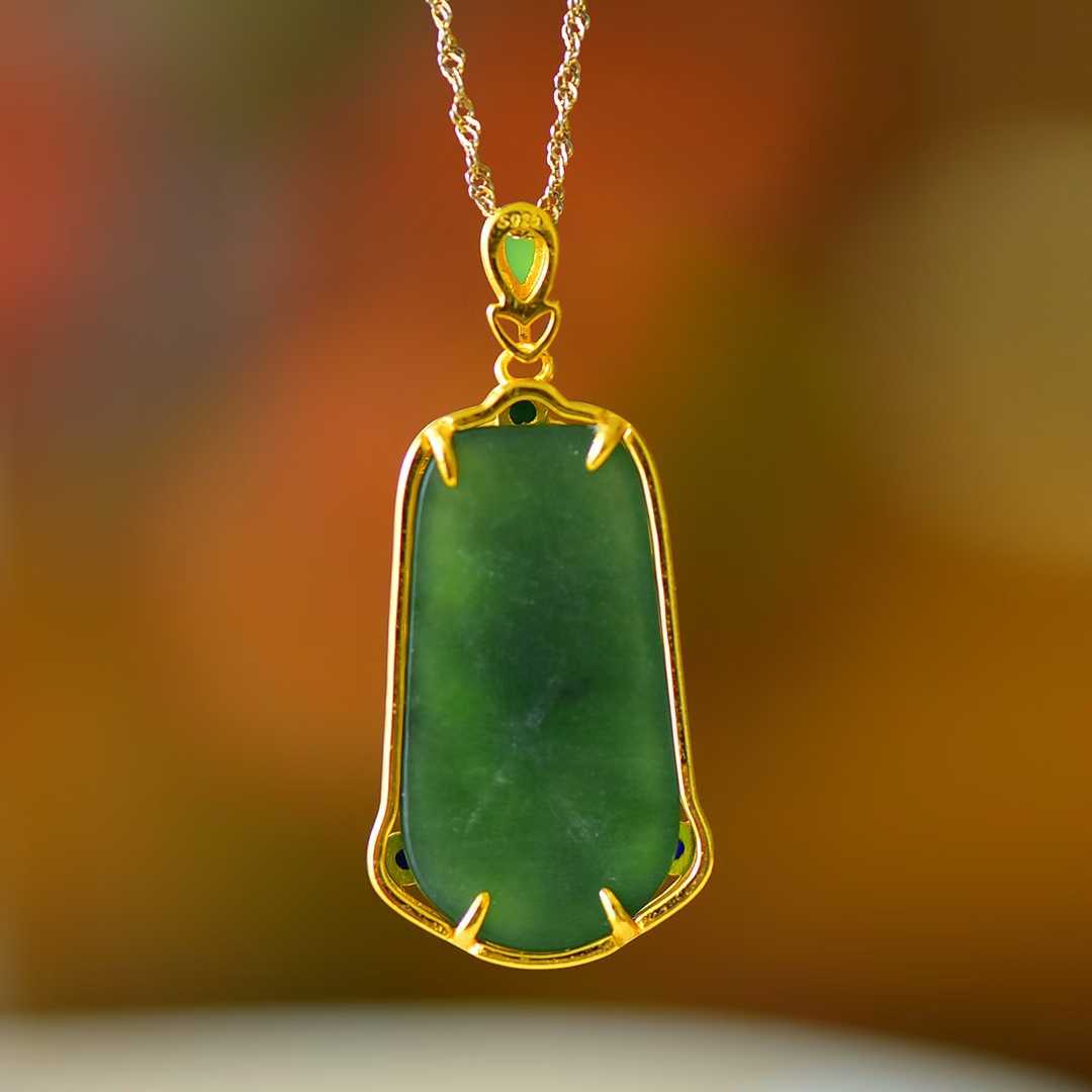 925 Silver - Inlaid Hetian Green Jade Pendant (Trapezoidal Peace Plaque, Magnolia & Flower - Grass Design) - jewelry - weilin.com