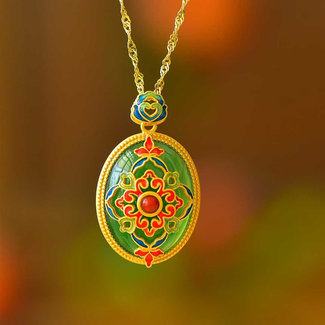 925 Silver - Inlaid Hetian Green Jade Pendant with "Continuous Blessings & Fortune" Meaning & Enamel Accents - jewelry - weilin.com