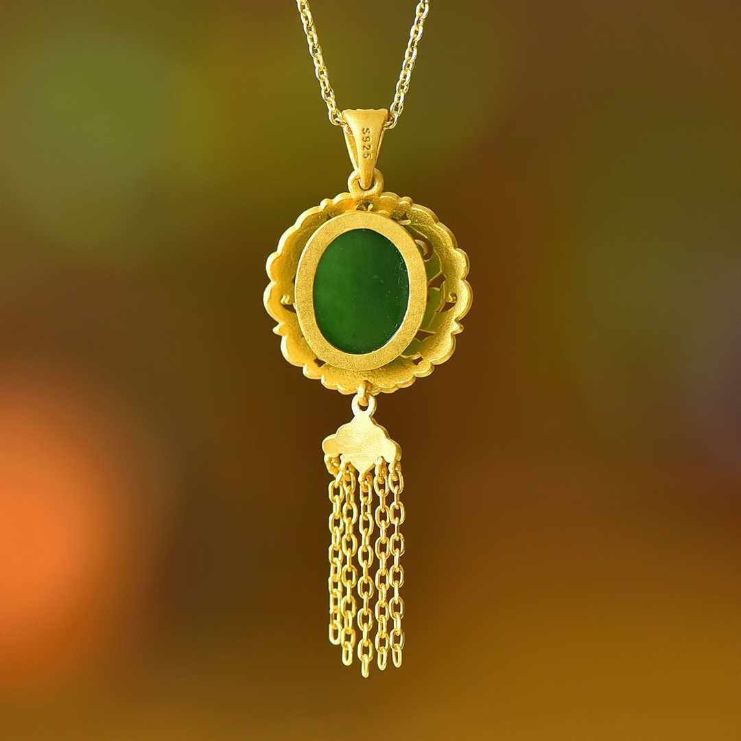 925 Silver - Inlaid Hetian Green Jade Pendant with Single - Sided "Dragon Blessing" Design & Tassel - jewelry - weilin.com