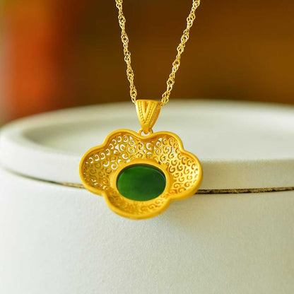925 Silver Inlaid Hetian Green Nephrite "Blooming Prosperity & Enamel" Pendant - jewelry - weilin.com