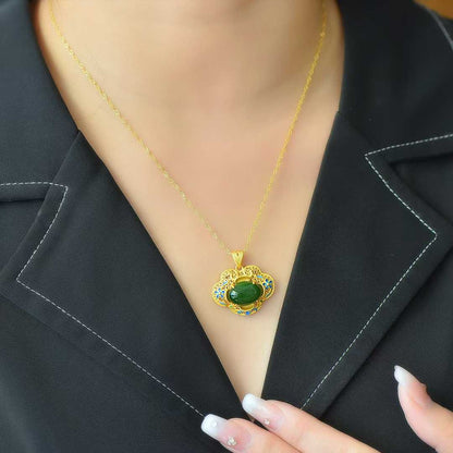 925 Silver Inlaid Hetian Green Nephrite "Blooming Prosperity & Enamel" Pendant - jewelry - weilin.com