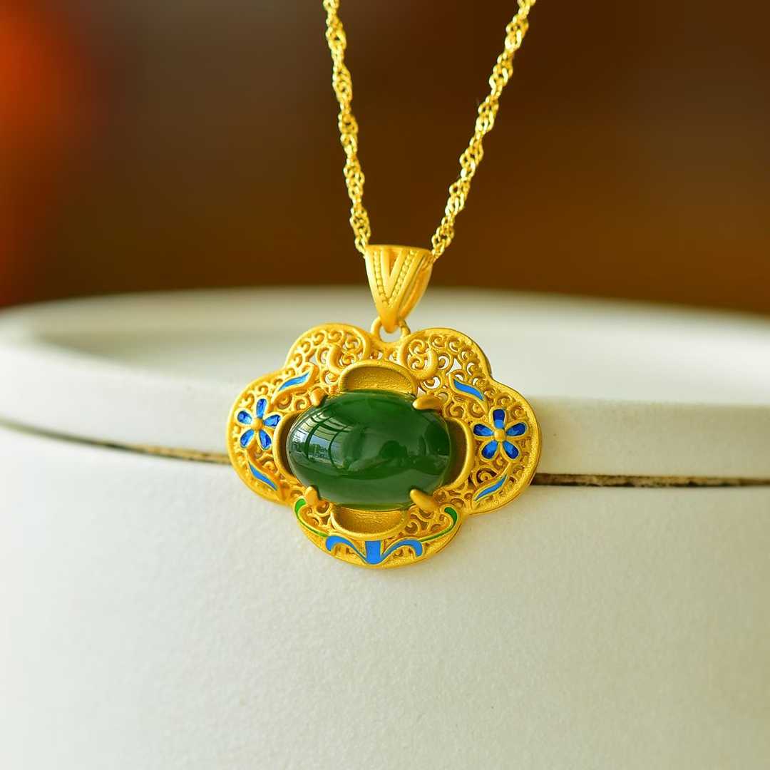 925 Silver Inlaid Hetian Green Nephrite "Blooming Prosperity & Enamel" Pendant - jewelry - weilin.com