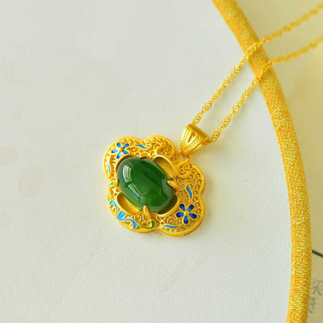 925 Silver Inlaid Hetian Green Nephrite "Blooming Prosperity & Enamel" Pendant - jewelry - weilin.com