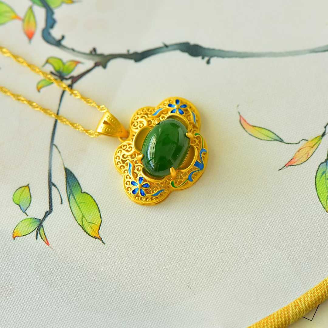 925 Silver Inlaid Hetian Green Nephrite "Blooming Prosperity & Enamel" Pendant - jewelry - weilin.com