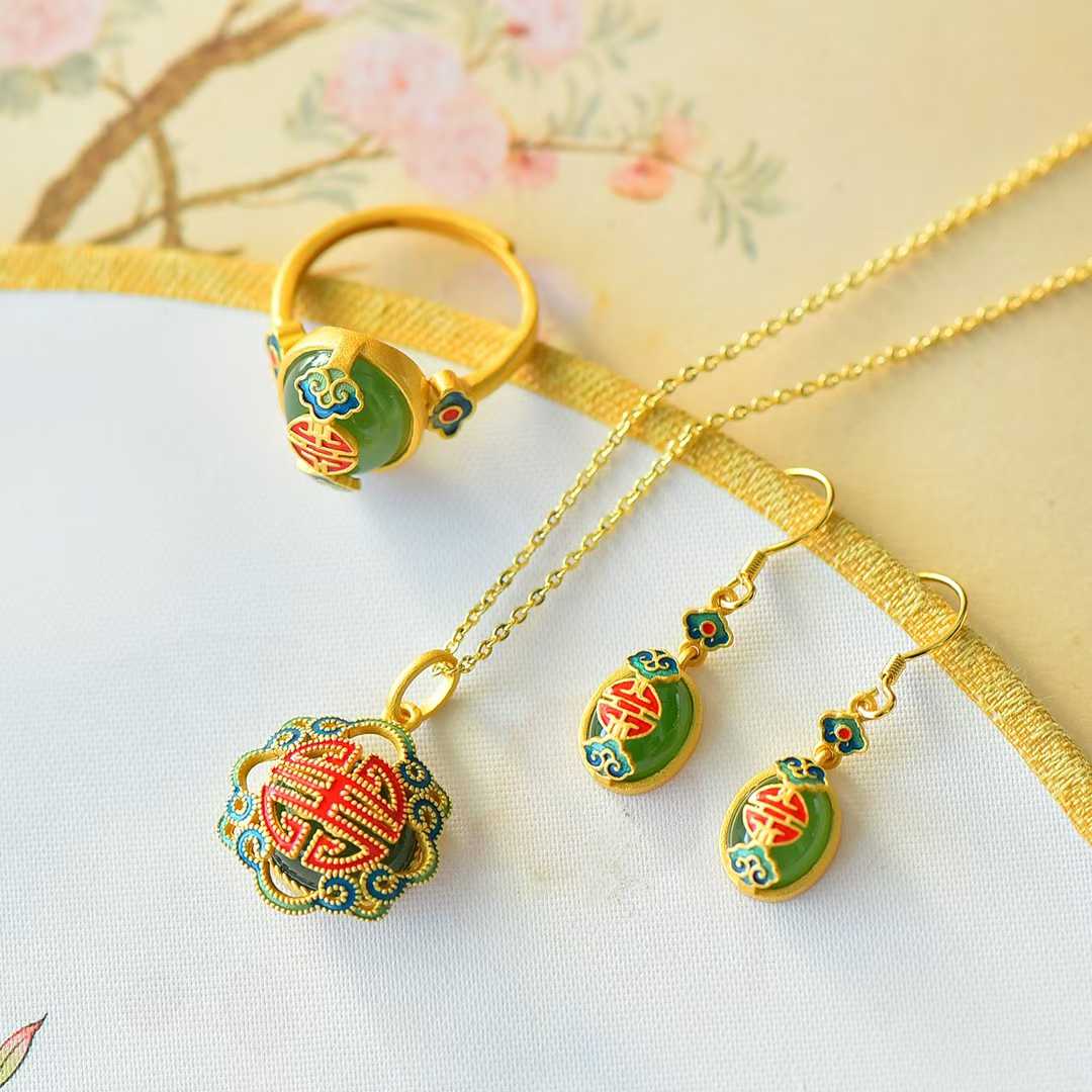 925 Silver Inlaid Hetian Green Nephrite "Contentment & Fulfillment" Jewelry Set - jewelry - weilin.com