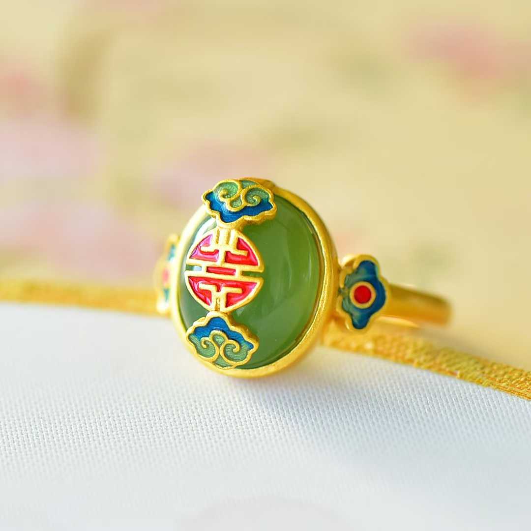 925 Silver Inlaid Hetian Green Nephrite "Contentment & Fulfillment" Jewelry Set - jewelry - weilin.com