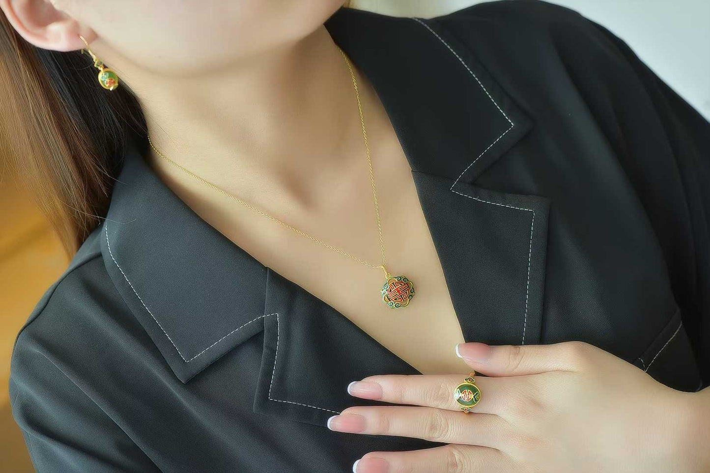 925 Silver Inlaid Hetian Green Nephrite "Contentment & Fulfillment" Jewelry Set - jewelry - weilin.com