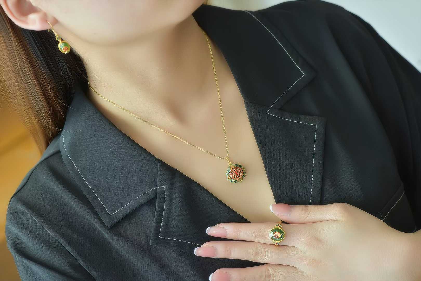 925 Silver Inlaid Hetian Green Nephrite "Contentment & Fulfillment" Jewelry Set - jewelry - weilin.com