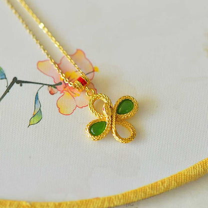 925 Silver Inlaid Hetian Green Nephrite "Lucky Snake Presenting Blessings" Four - Leaf Clover Pendant - jewelry - weilin.com