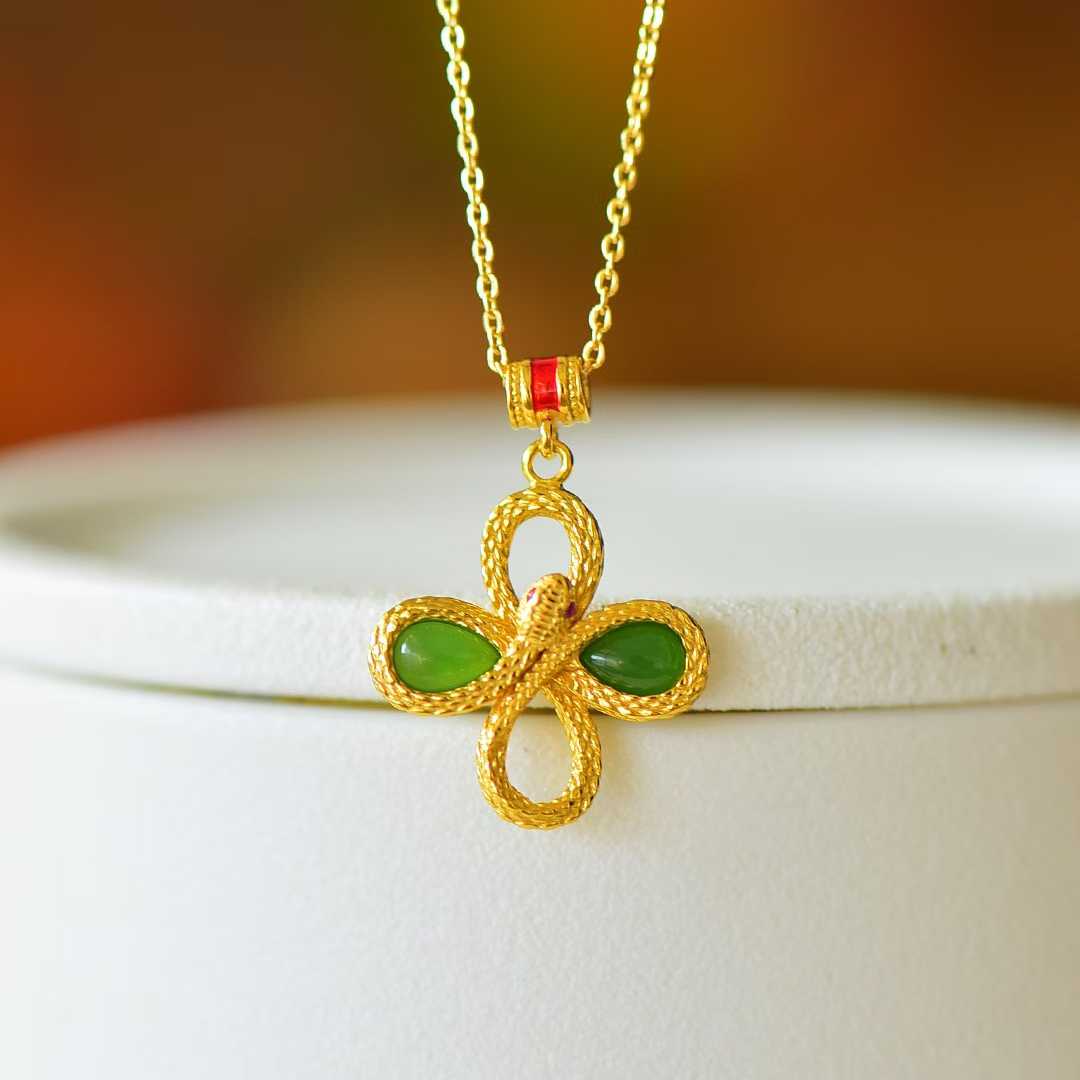 925 Silver Inlaid Hetian Green Nephrite "Lucky Snake Presenting Blessings" Four - Leaf Clover Pendant - jewelry - weilin.com