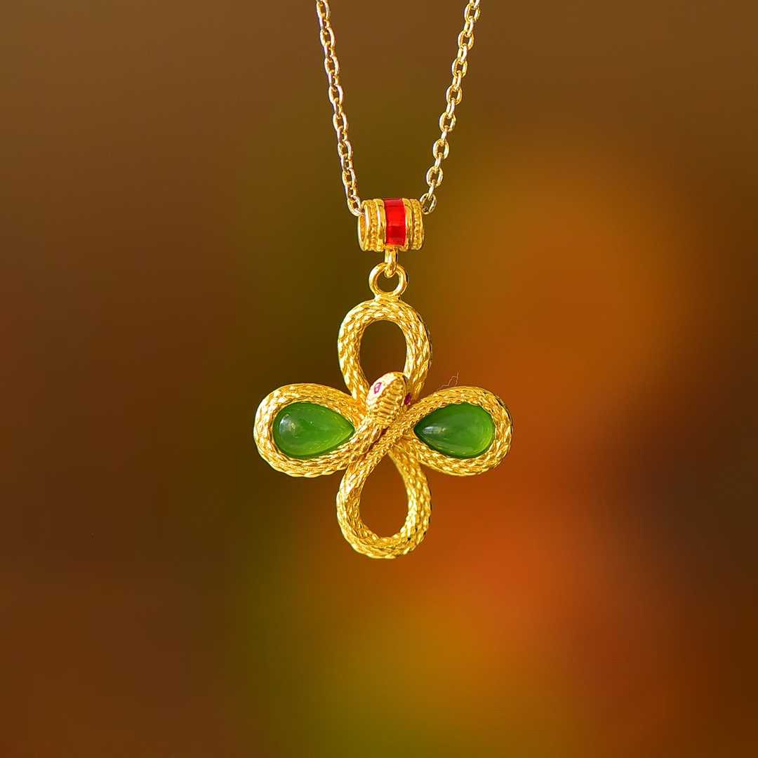 925 Silver Inlaid Hetian Green Nephrite "Lucky Snake Presenting Blessings" Four - Leaf Clover Pendant - jewelry - weilin.com