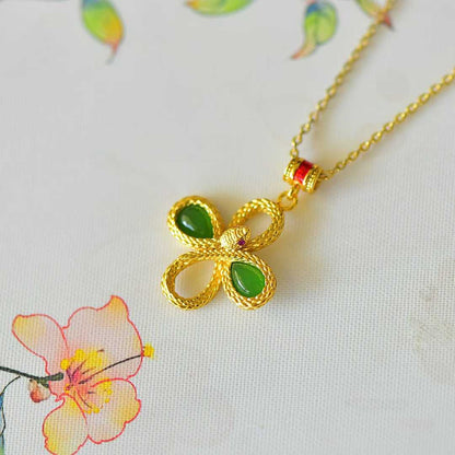 925 Silver Inlaid Hetian Green Nephrite "Lucky Snake Presenting Blessings" Four - Leaf Clover Pendant - jewelry - weilin.com