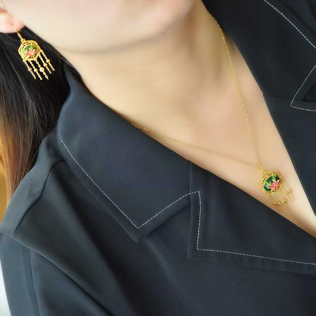 925 Silver Inlaid Hetian Green Nephrite "Orchid Heart & Iris Quality" Jewelry Set - jewelry - weilin.com