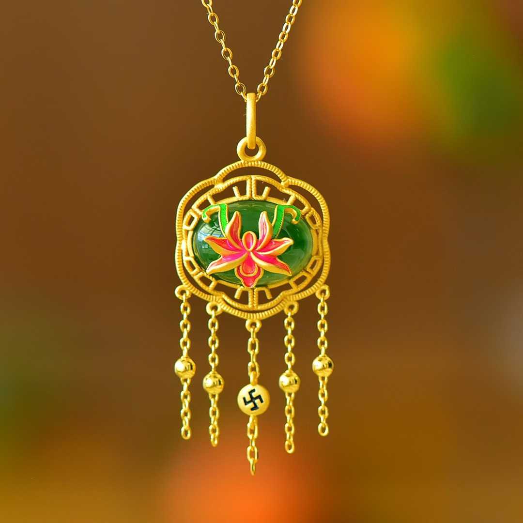 925 Silver Inlaid Hetian Green Nephrite "Orchid Heart & Iris Quality" Jewelry Set - jewelry - weilin.com