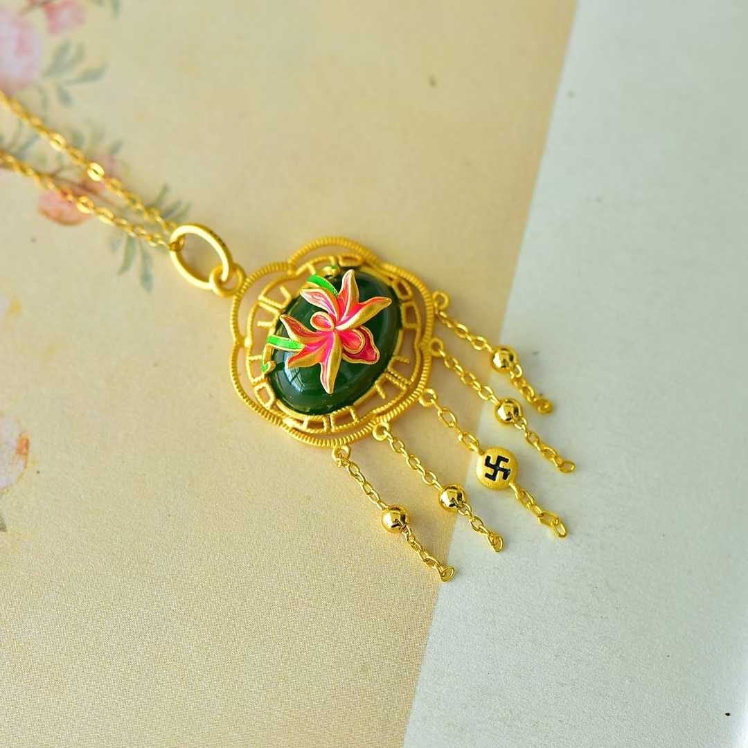 925 Silver Inlaid Hetian Green Nephrite "Orchid Heart & Iris Quality" Jewelry Set - jewelry - weilin.com