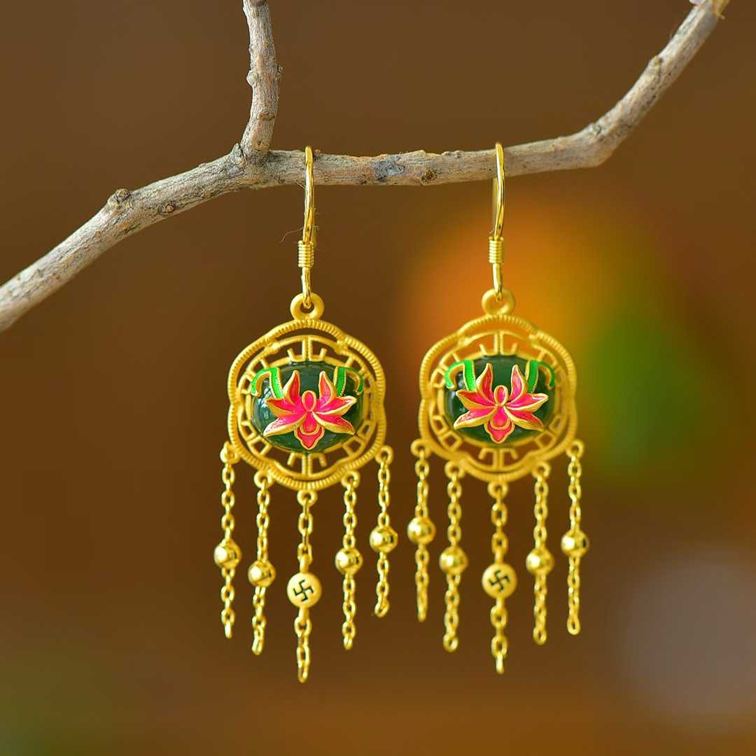 925 Silver Inlaid Hetian Green Nephrite "Orchid Heart & Iris Quality" Jewelry Set - jewelry - weilin.com