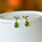 925 Silver Inlaid Hetian Green Nephrite "Orchid & Ruyi" Teardrop Earrings - jewelry - weilin.com