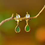925 Silver Inlaid Hetian Green Nephrite "Orchid & Ruyi" Teardrop Earrings - jewelry - weilin.com