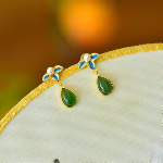 925 Silver Inlaid Hetian Green Nephrite "Orchid & Ruyi" Teardrop Earrings - jewelry - weilin.com