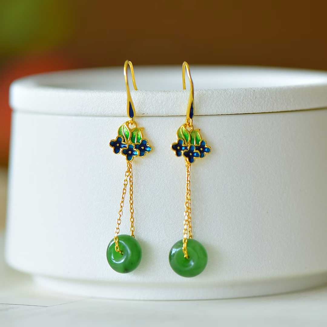 925 Silver Inlaid Hetian Green Nephrite "Peace & Smooth Sailing" Earrings - jewelry - weilin.com