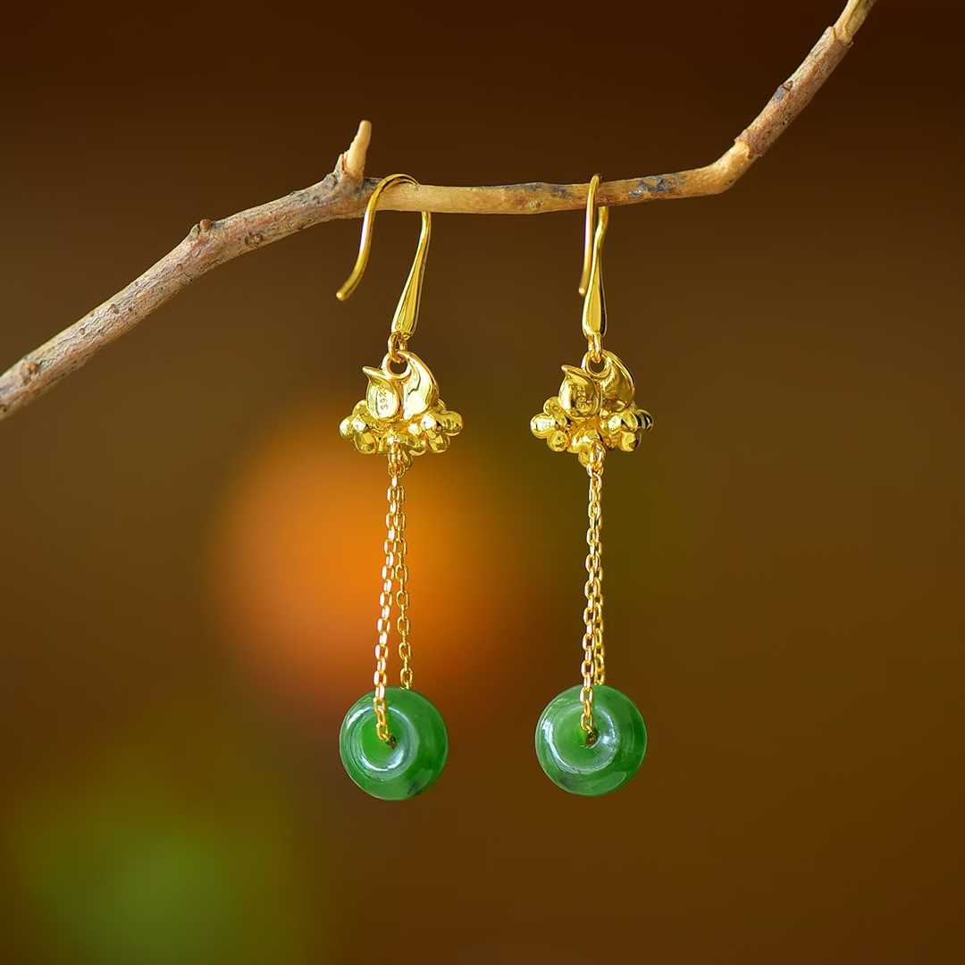 925 Silver Inlaid Hetian Green Nephrite "Peace & Smooth Sailing" Earrings - jewelry - weilin.com