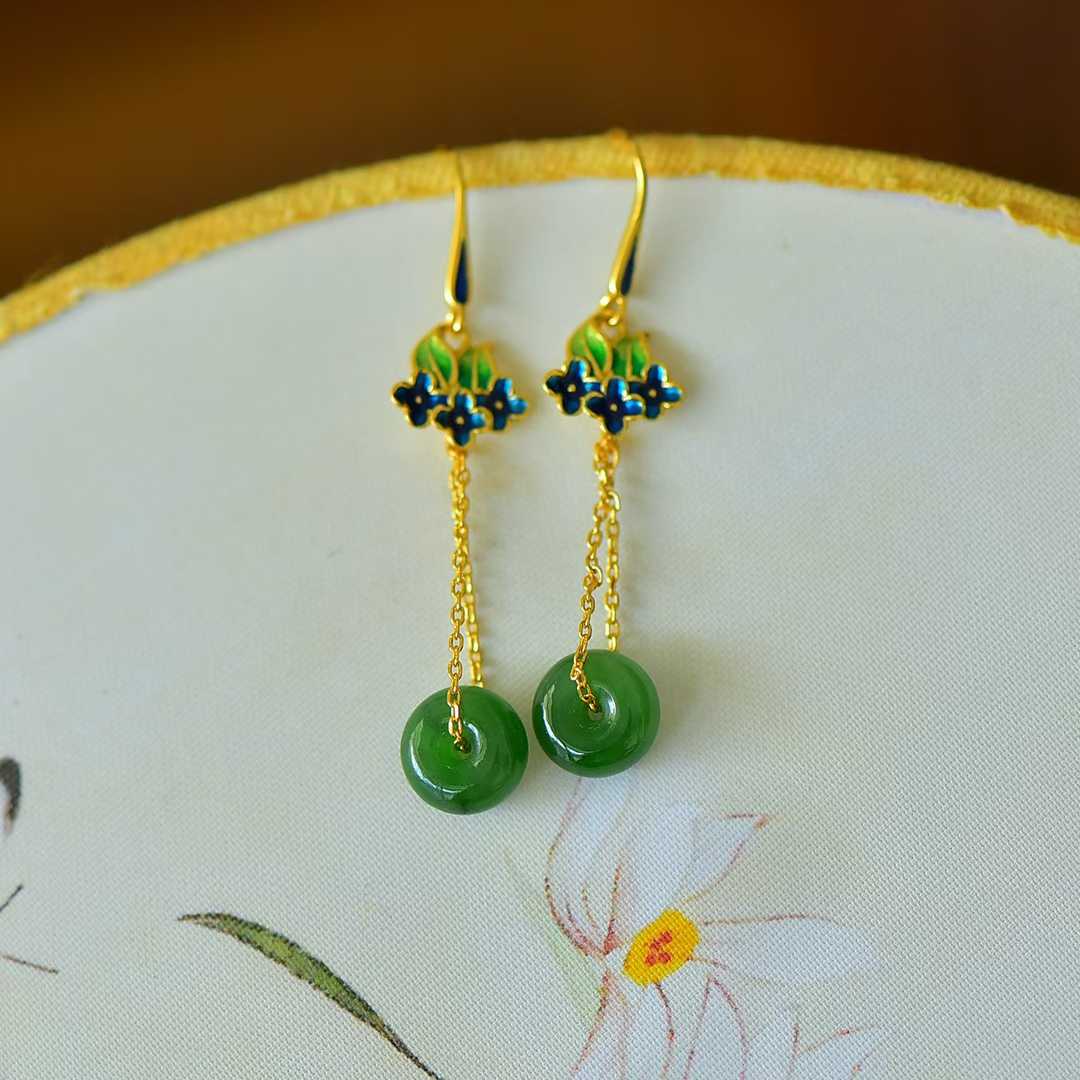 925 Silver Inlaid Hetian Green Nephrite "Peace & Smooth Sailing" Earrings - jewelry - weilin.com