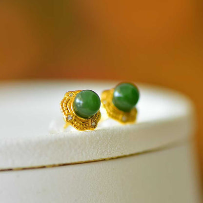 925 Silver Inlaid Hetian Green Nephrite "Stars Surrounding the Moon" Stud Earrings - jewelry - weilin.com
